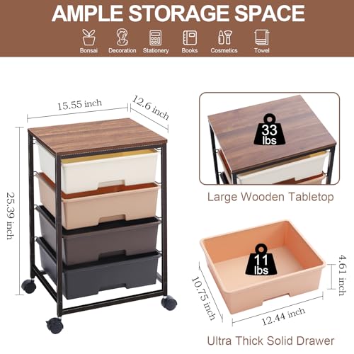 SYKIARIOL Utility Cart with 4 Drawers, Brown | Rolling Storage Cart with Drawers, Storage Rolling Drawer Cart - color: Dark Brown