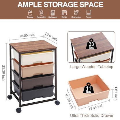 SYKIARIOL Utility Cart with 4 Drawers, Brown | Rolling Storage Cart with Drawers, Storage Rolling Drawer Cart - color: Dark Brown