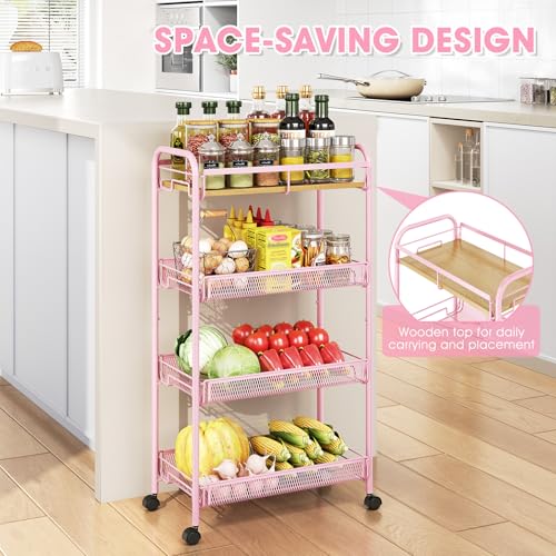 TOOLF 4-Tier Rolling Cart, Metal Utility Cart, Slide Out Storage Cart with Wooden Tabletop and Mesh Baskets, Easy Assemble Trolley for Kitchen Bathroom Laundry Room Bedroom Apartments Dormitory - size: Wide, style: Pink
