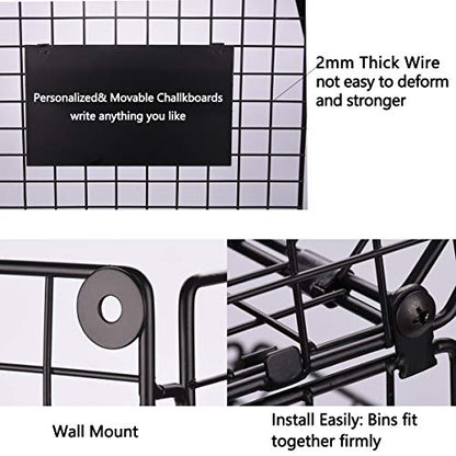 X-cosrack Metal Wire Basket Wall Mount, 3 Tier Wall Storage Basket Organizer with Hanging Hooks Chalkboards, Rustic Kitchen Fruit Produce Bin Rack Bathroom Tower Baskets (Black) - color: Black-3 Tiers