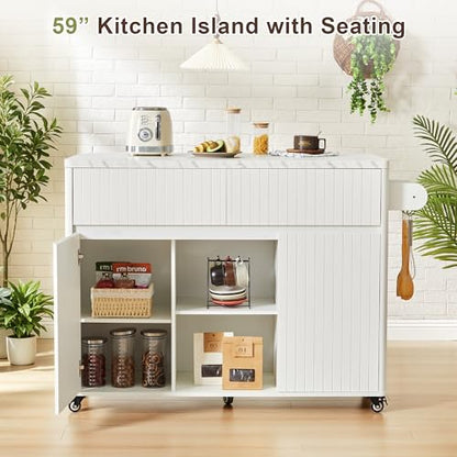 weselon 47" Mobile Kitchen Island with Storage, Rolling Kitchen Cart with Drop Leaf, Kitchen Island on Wheels with 2 Drawers & Adjustable Shelves, Towel Rack & Hooks, Faux Marble Top (White)