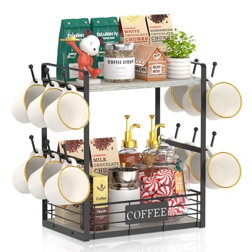 EsLuker.ly Coffee Mug Cup Holder Stand Bar Station Organizer for Countertop, Multi-Functional 2 Tier Mug Tree Rack for Kitchen, Storage Shelf with 12 Hooks, Light Grey-Black(Patented Design) - color: Light Grey + Black