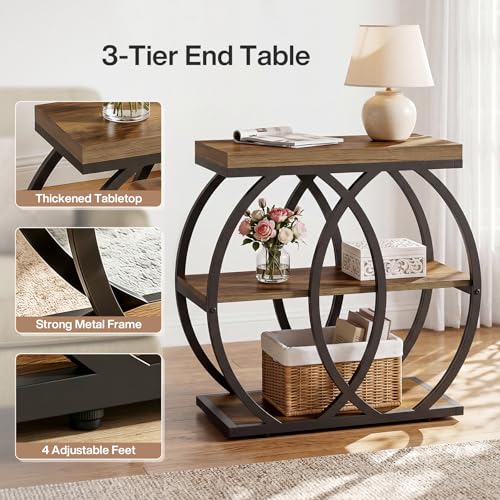 Tribesigns End Table, 3-Tier Narrow Side Table with Metal Frame, Industrial Rectangular Storage Stand for Living Room, Bedroom, Small Spaces, 23.62" L x 11.81" W x 25.59" H, Brown