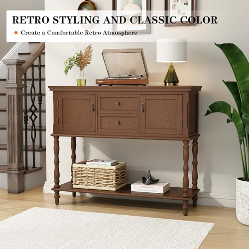 ARTPOWER Console Table with 2 Drawers, Retro Entryway Table with 2 Door | Solid Wood Veneer Entry Table, Behind Couch Sofa Table with Open Storage Shelf for Living Room, Foyer, Hallway - color: Brown