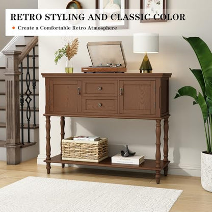 ARTPOWER Console Table with 2 Drawers, Retro Entryway Table with 2 Door | Solid Wood Veneer Entry Table, Behind Couch Sofa Table with Open Storage Shelf for Living Room, Foyer, Hallway - color: Brown