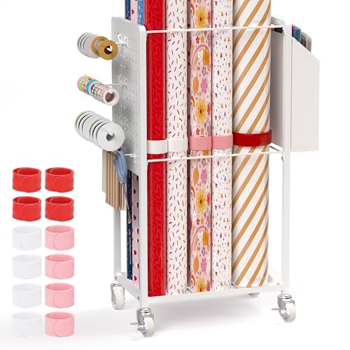 Wrapping Paper Storage Cart Station with 12PCS Slap Bands | Rolling Gift Wrap Storage Organizer, Vertical Wrapping Paper Cart, Ribbon Holder Rack, Craft Organizers and Storage Christmas