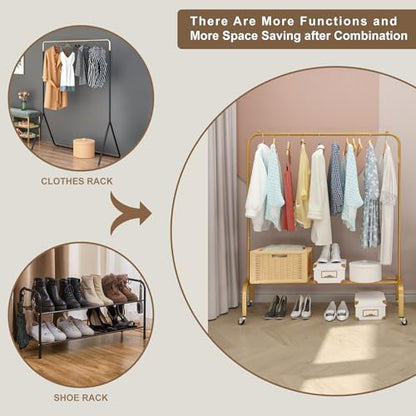 Metal Clothing Rack with Wheels 43.3 Inches Rolling Clothes Garment Coat Rack with Bottom Shelf Clothing Rack for Hanging Clothes Coats Skirts Shirts Sweaters Gold - color: Gold, size: 43.3"W x 15.75"D x 61"H with wheels