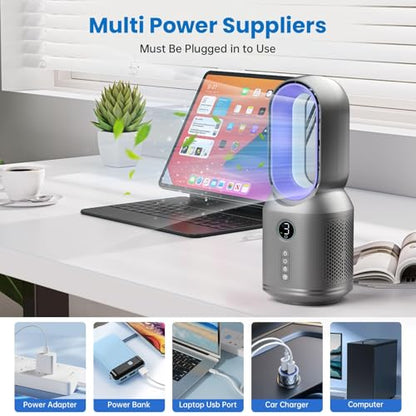 Desk Fan,13 Inch Portable Bladeless Fan, Small Quiet Office Fan with 106° Oscillating, 3 Speeds & Night light, LED Display, Button Control, Personal Table Fan for Bedroom, Office, Home, Study Room - color: Grey