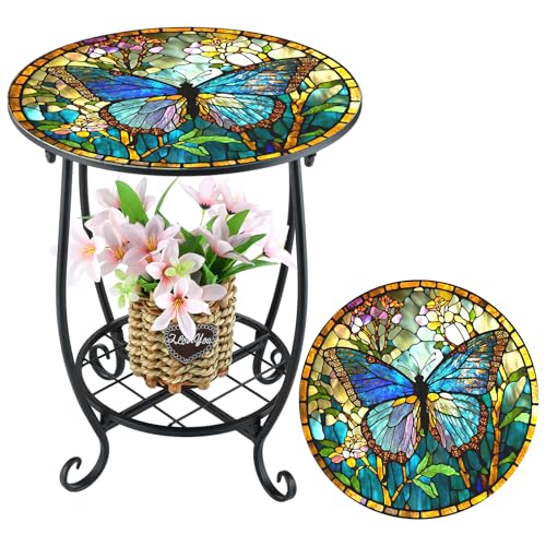 Cinnvoice Outdoor Side Table Round Small Mosaic Patio Accent Indoor End Plant Coffee Tea Table for Yard Patio Porch Garden Living Room, Bedroom(Butterfly Style,14 Inch) - size: 14 Inch, style: Butterfly Style