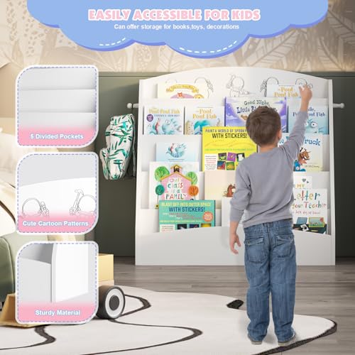 NACHES 5-Tier Kids Bookshelf - Toddler Book Display Shelves, Montessori Bookshelf for Kindergarten, Nursery, Bedrooms, Classrooms - Wooden Children Book Display (White) - color: White