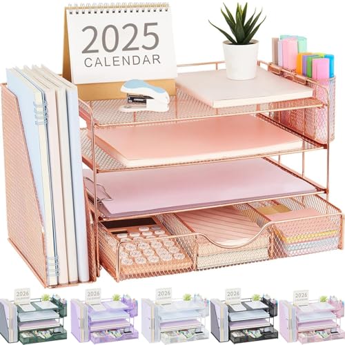 gianotter Desk Organizers and Accessories with File Holder, 4-Tier Desk Accessories & Workspace Organizers with Drawer and 2 Pen Holder, Paper Organizer for Office Supplies (Rose Gold) - color: Rose Gold, size: 4T