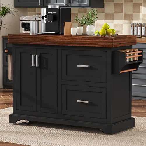 53.2" Rolling Kitchen Island with Storage, 3.5" Thick Countertop, Spice Rack, Towel Rack, Drawer & Cabinet - Mobile Kitchen Cart on Wheels for Kitchen, Dining Room, Black - color: Black