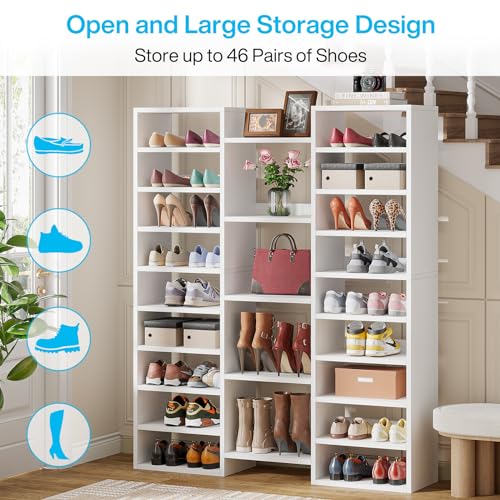 Little Tree 14-Tier Shoe Rack, Freestanding Tall Shoe Shelf, White Wooden Shoe Storage Cabinet with 22 Open Cubbies, 46 Pairs Wide Entryway Shoe Organizer Shoe Cabinet for Living Room, Bedroom
