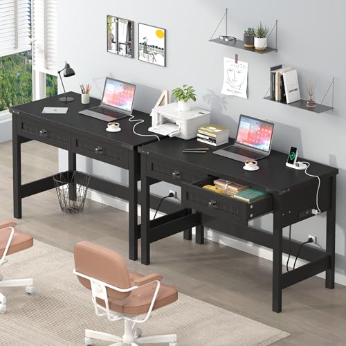 YOMILUVE Farmhouse Computer Desk with 2 Drawers, 39 Inch Small Black Computer Desk with Power Outlets, Home Office Desk Compact Writing Study Table for Small Spaces - color: Black