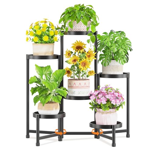 LASZOLA 6 Tiered Folding Tall Plant Stand Indoor for Multiple Large Planter, Heavy Duty Metal Adjustable Flower Rack for Narrow Corner, Sturdy Vertical Spiral Shelving Holder for Modern House, Black - size: 6 Tier, Black