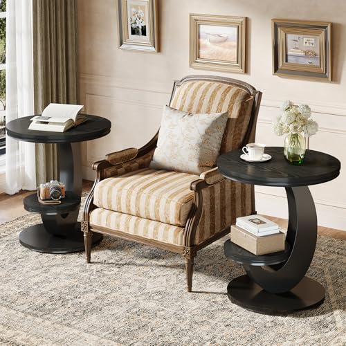 Tribesigns Round End Table Set of 2, 2 Tiers Side Table with Storage Shelf, Sofa Side Bedside Nightstand with Metal Arc-Shaped Frame for Small Spaces, Living Room, Bedroom, Black (2PCS) - color: Black