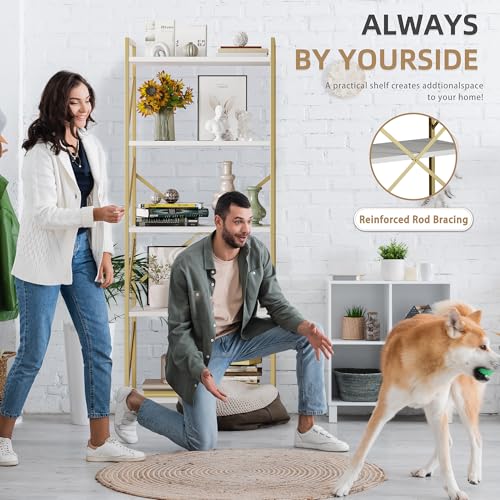Vongrasig 5 Tier Bookshelf, Modern Tall Bookcase, Industrial Book Shelves Display Standing Shelf, Free Standing Storage Organizer for Bedroom, Living Room, White+Gold - color: White+gold