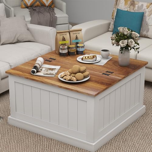 31.5" Farmhouse Coffee Table, Flip Top Coffee Square Table with Storage Compartment, Wooden Rustic Cocktail Table for Living Room, Bedroom, Apartment, Studio, White - color: White