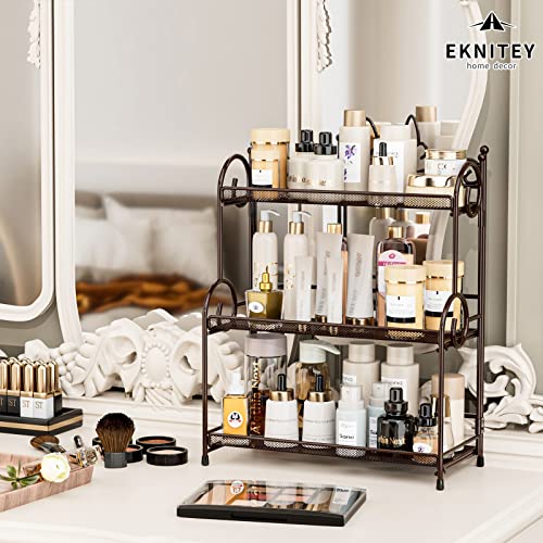 EKNITEY Bathroom Organizer Shelf Countertop - 3 Tier Spice Rack No Assembly | Kitchen Counter Organizer, for Skincare Makeup Vanity, Sturdy Metal Frame, Easy to Clean, Space-saving, Foldable, Brown - color: Brown