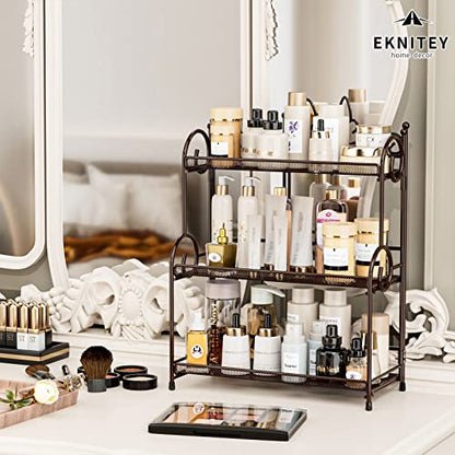 EKNITEY Bathroom Organizer Shelf Countertop - 3 Tier Spice Rack No Assembly | Kitchen Counter Organizer, for Skincare Makeup Vanity, Sturdy Metal Frame, Easy to Clean, Space-saving, Foldable, Brown - color: Brown