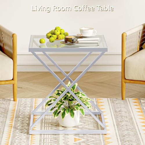 Square End Table with Tempered Glass Top, Stylish X-Shaped Metal Frame, Living Room Coffee Table, Sofa Side Table, Accent Tables for Small Spaces, Modern Bedside Table for Bedroom (Silver) - color: Silver, style: Style 3