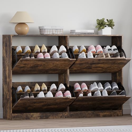 BORNOON Shoe Cabinet with 4 Flip Drawers, Narrow Hidden Shoe Storage Cabinet, Slim Freestanding Shoe Rack Organizer for Entryway, Hallway, Bedroom, Living Room - color: Brown, size: 4 Drawers
