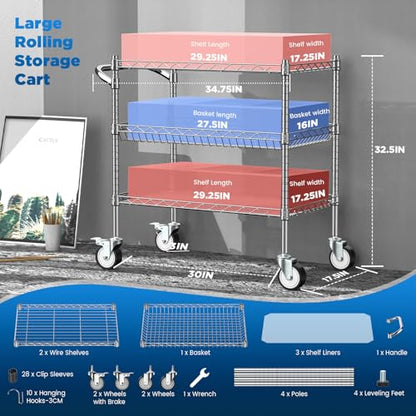 Leteuke 3 Tier Rolling Carts with Wheels, Heavy Duty Rolling Utility Cart | NSF Commercial Grade Metal Cart with Handle&Shelf Liner,Trolley Serving Cart for Kitchen,Restaurant,Plant Display,Chrome - color: Matte Chrome