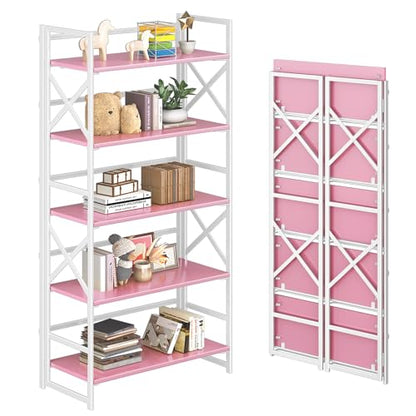 4NM 5 Tiers No Assembly Book Shelves, 51.2" H Folding Bookshelf Bookcase Open Industrial Foldable Shelves for Bedroom, Living Room, Home Office - Pink White - color: Pink White, size: XX 5-Tier