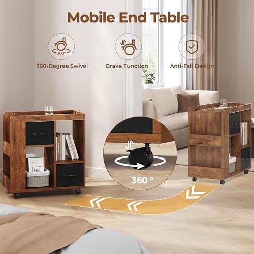 Yaheetech Narrow Side Table with Storage, Wooden Rolling Nightstand Bedside Table with Wheels, Magazine Racks and Open Shelves, End Table with Drawers for Living Room Bedroom, Rustic Brown - color: Rustic Brown