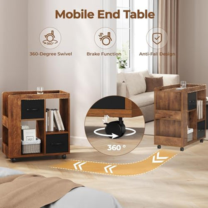Yaheetech Narrow Side Table with Storage, Wooden Rolling Nightstand Bedside Table with Wheels, Magazine Racks and Open Shelves, End Table with Drawers for Living Room Bedroom, Rustic Brown - color: Rustic Brown