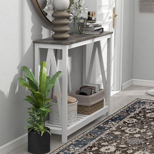 Farmhouse Console Table for Entryway, 39.3 Inch Sofa Table with Storage Shelf, Hallway Table, Narrow Behind Couch Table for Foyer, Living Room，Oak Grey - color: Oak Grey