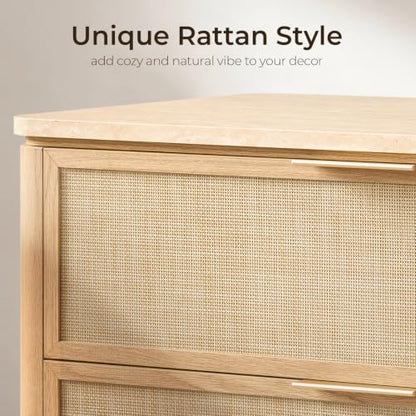 Night Stand, 30.71" W Rattan Nightstand with 3 Drawers, Faux Marble Top Bedside Table, Boho Mid Century End Table for Bedroom Living Room Sofa Office, Natural Oak [FSC Certified] - color: Natural Oak, size: 15.63"D x 30.71"W x 23.94"H（3 Drawer）
