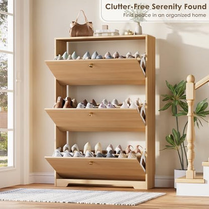 Nicetree Shoe Storage Cabinet, Slim Shoe Cabinet, Hidden Shoe Rack Cabinet, Shoe Storage Cabinet for Entryway, Hallway, Foyer, Natural Oak - color: Natural Oak, style: 3-Drawers