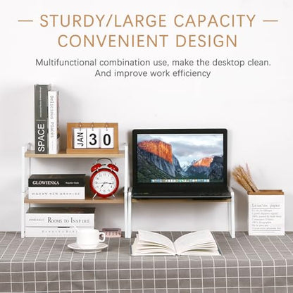 YGYQZ Desk Shelf Organizer for Top of Desk, 3-Tier Desktop Bookshelf, White & Wood - color: 3-tier White/Wood