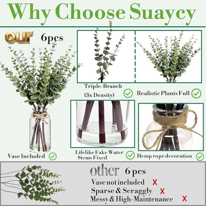 Artificial Eucalyptus Stems in Glass Vase with Faux Water, 17.5" Sage Green | Fake Plants for Home Decor, Bathroom, Coffee Table Centerpiece, Farmhouse Wedding, Faux Greenery Decorations, Office Decor
