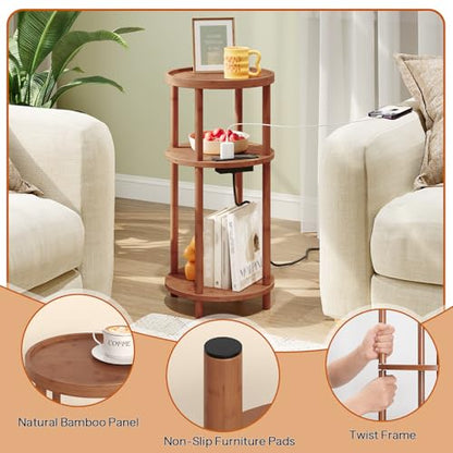 HOOBRO Small Round Side Table with Charging Station, 3-Tier Round Bamboo End Table, Compact Sofa Bedside Table for Small Space, Easy Assembly, for Living Room, Bedroom, Apartment, Walnut WL152UBZ01 - color: Walnut