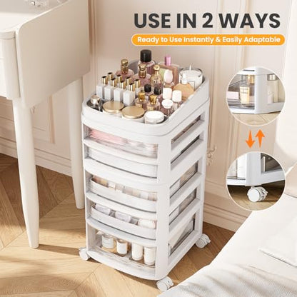 Rolling Cart with 5 Drawers, Clear Plastic Drawer Organizers, Dust Proof Under Desk Storage for Makeup, Skincare, Art Crafts and Baby Items, Acrylic Cosmetic Organizer with Dividers, Vanity Cart - size: 5 Tier