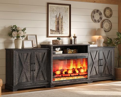 AMERLIFE Farmhouse 97" Large Fireplace TV Stand for TVs up to 110" | Entertainment Center with 33" Electric Fireplace, Media Console with Storage Cabinets & Adjustable Shelf, Rustic Black - color: Rustic Black, size: 97"