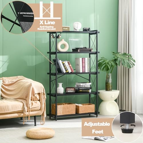 HCHQHS Bookshelf, 5-Tier Industrial Bookcase, Black Open Book Shelf, Freestanding Tall Bookshelves with Metal Frame - color: Ebony Black, size: 5-Tier (35.8"W x 65.7"H)