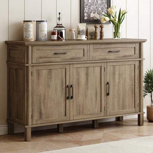 ONBRILL 55 Inch Buffet Cabinet with Storage, Farmhouse Sideboard Buffet w/2 Drawers and 3 Doors, Coffee Bar Cabinet with Adjustable Shelves, Sideboard Storage for Kitchen, Living Room, Washed Grey - color: Washed Grey, size: 55 Inch