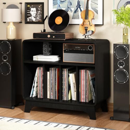 RowyPoey Large Record Player Stand, 31.5" Curved Turntable Stand, Black | Vinyl Record Storage, Mid Century Modern, Wood Record Holder Cabinet, Stereo Media Shelf for Living Room, Bedroom, Office