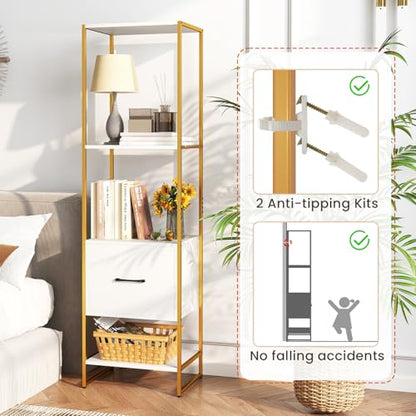 Giantex 4-Tier Bookshelf with Drawer Set of 2, Narrow Bookcase w/ 4 Open Shelves & Metal Frame, Modern Storage Organizer Shelving Unit, Freestanding Display Rack for Bedroom Living Room - color: White+gold