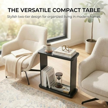 Narrow Side Table for Small Spaces, 7.9" Slim End Table with 2-Tier Open Storage Shelf, Modern Skinny Wood Sofa Table for Living Room, Bedroom, Nightstand, Couch (Black) - color: Black