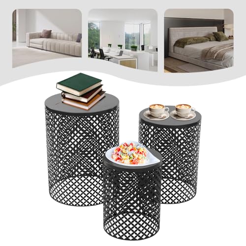 Outdoor Side Table, 3PCS Round Metal Frame Coffee End Tables, Modern Decorative Garden Stool, Multifunctional Nesting Side Table for Garden, Balcony, Cafe, Park, Pool Side (Black)