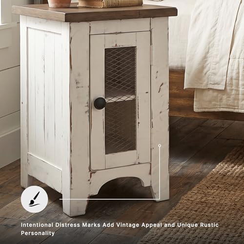 Signature Design by Ashley Wystfield Farmhouse Chair Side End Table with Cabinet Door for Storage, White & Brown with Distressed Finish - color: Dark Brown & White