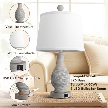 PARTPHONER Traditional Table Lamps Set of 2, Bedside Touch Lamp with USB C+A Charging Ports, Rustic Farmhouse Table Lamps for Living Room Bedroom, Side Table Lamp with White Fabric Shade, Antique Grey - size: Grey 22.6" Touch Lamp