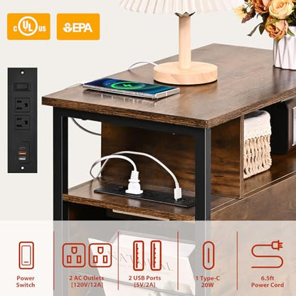 Livofloral Side Tables with Charging Station, Narrow End Table with 2 Wooden Drawers, USB Ports and Power Outlets, Narrow Nightstand and Bedside Table, Side Tables Living Room, Bedroom, Brown - color: Brown