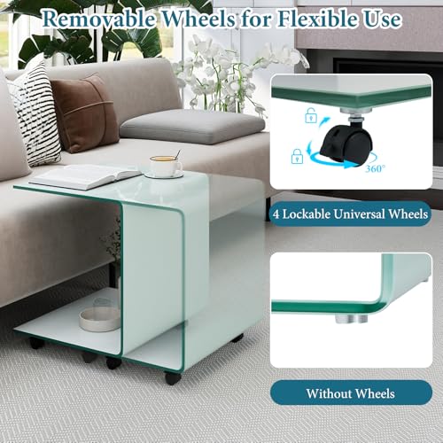 Tangkula Tempered Glass Side Table, Modern C-Shaped Bedside Table Nightstand with Storage Shelf, 4 Lockable Universal Wheels, Rolling Sofa End Table for Living Room Bedroom Office (1, White) - color: White