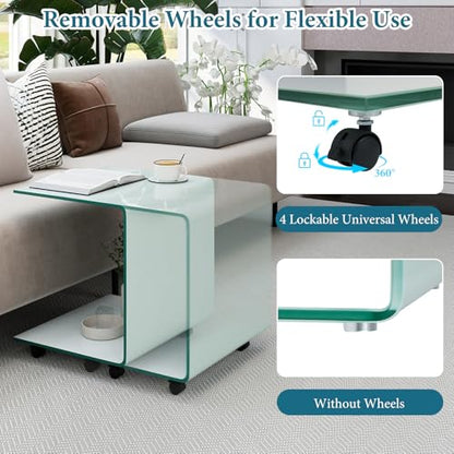 Tangkula Tempered Glass Side Table, Modern C-Shaped Bedside Table Nightstand with Storage Shelf, 4 Lockable Universal Wheels, Rolling Sofa End Table for Living Room Bedroom Office (1, White) - color: White