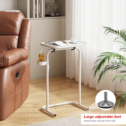 TUTOTAK C Shaped End Table with Tiltable Surface, Adjustable Height Side Table, Slide Under Couch Table TV Tray for Eating, Sofa Tray for Livingroom, Bedroom White TB01BW091 - color: White